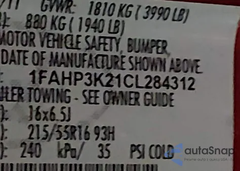 2012 Ford Focus Se from USA, damaged, VIN 1FAHP3K21CL284312